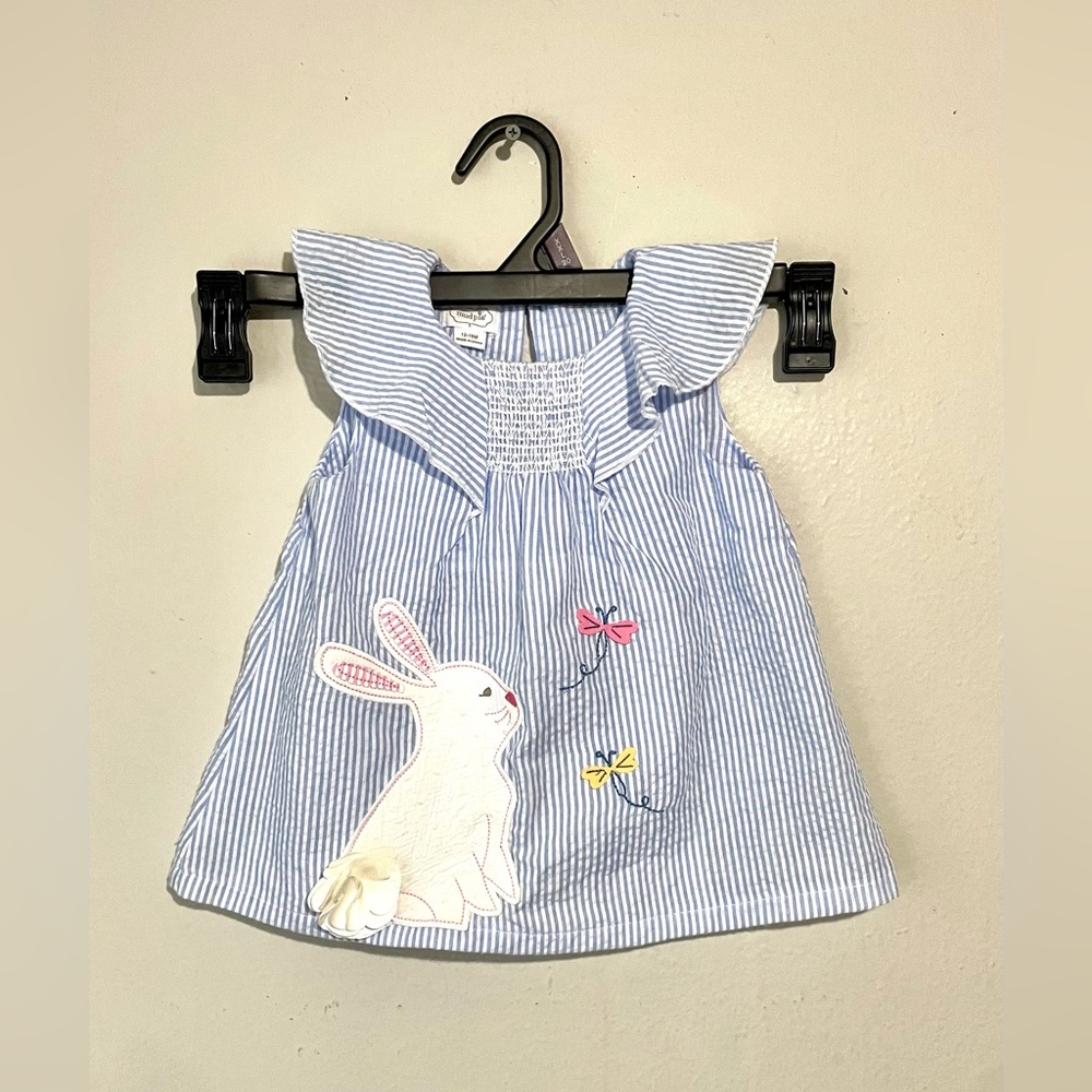 Mud Pie Bunny EASTER DRESS Size Tunic Smocked Seersucker RUFFLES Size 12/18M